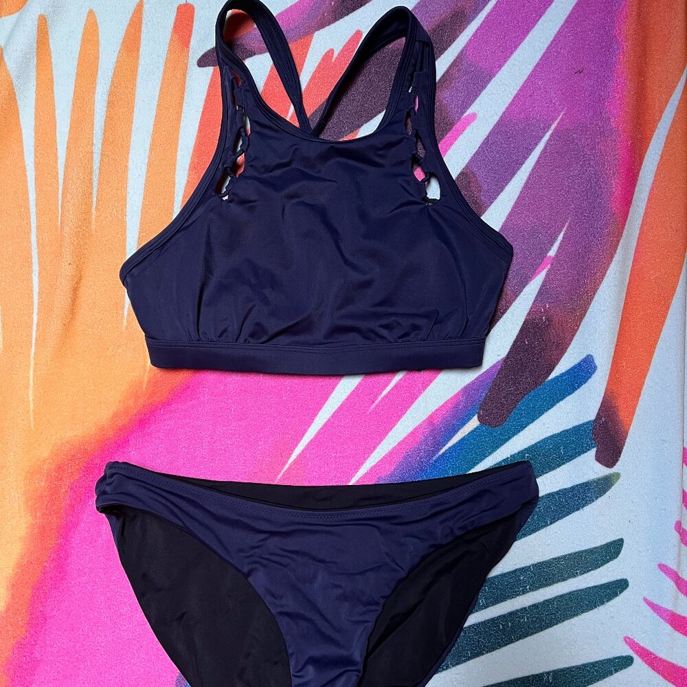 Athleta navy High Neck Loop Bikini top and reversible bottoms